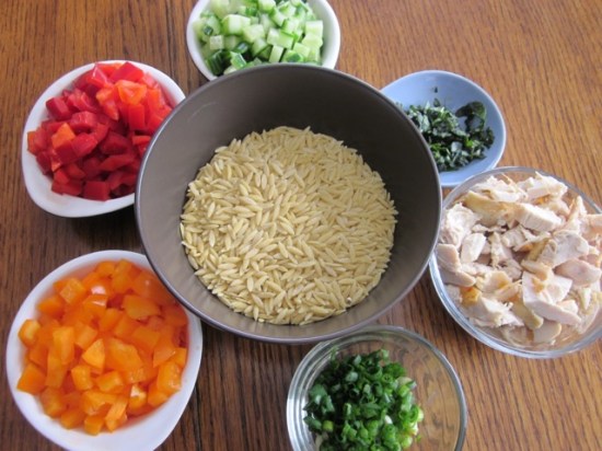 Assemble ingredients for salad ; Chicken Orzo Salad myfavouritepastime.com Lemon Orzo Salad_6619