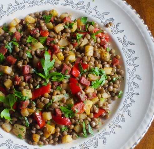 Chorizo-Flavoured Lentil and Potato Salad myfavouritepastime.com