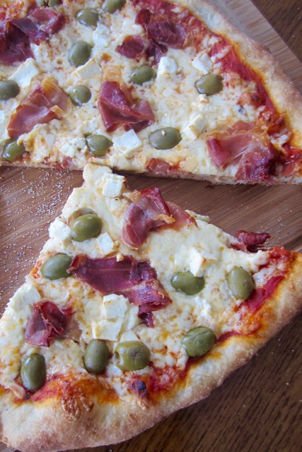 Prosciutto Feta and Green Olive Pizza myfavouritepastime.com